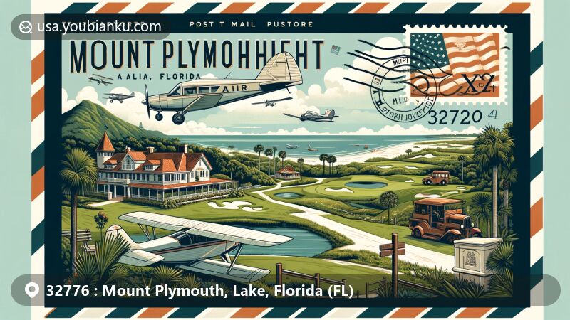 Modern illustration of Mount Plymouth, Florida, reminiscent of the 1920s Al Capone era with vintage golf course, 1920s architecture, and a secluded airstrip among lush Florida greenery, framed by an air mail envelope displaying ZIP code 32776 and Florida state symbols.