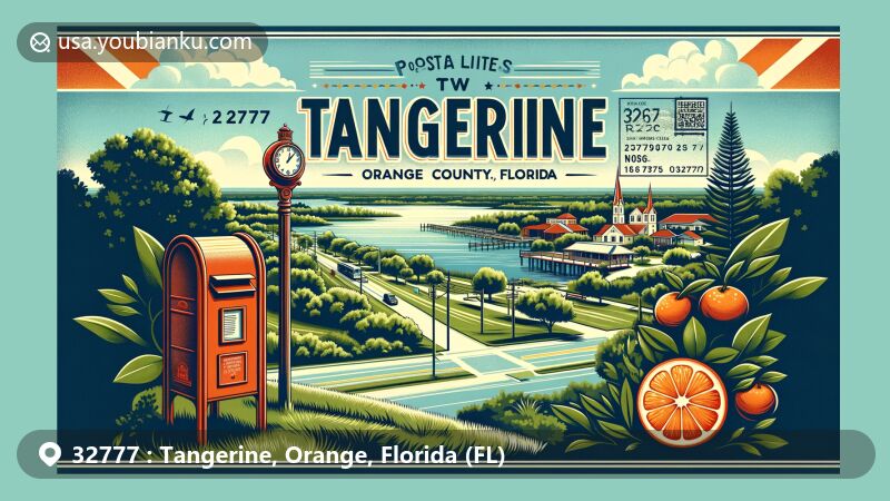Modern illustration of Tangerine, Orange County, Florida, featuring ZIP code 32777, showcasing town's charm, postal history, lush landscapes, water bodies, old-fashioned post office, classic red mailbox, and orange trees.