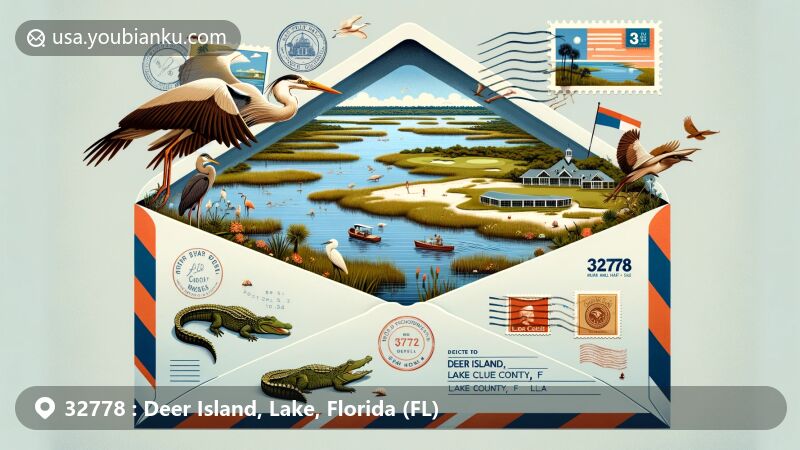 Modern illustration of Deer Island, Lake County, Florida, featuring aerial view with wetlands, birds like blue herons and ospreys, Florida alligator, and postal theme with ZIP code 32778.