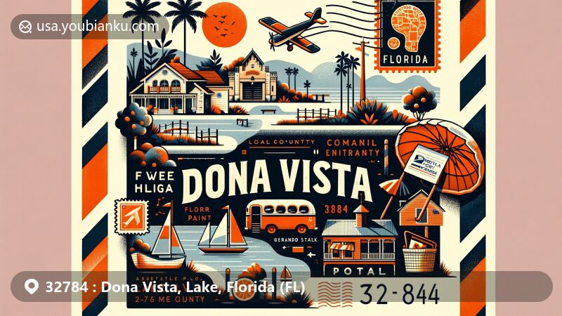 Modern illustration of Dona Vista, Lake County, Florida, with ZIP code 32784, blending small-town charm and postal artistry, featuring local hamlet, natural landscapes, Fort Mason, Grand Island, vintage air mail envelope with postal stamp, and symbolic elements of Florida.