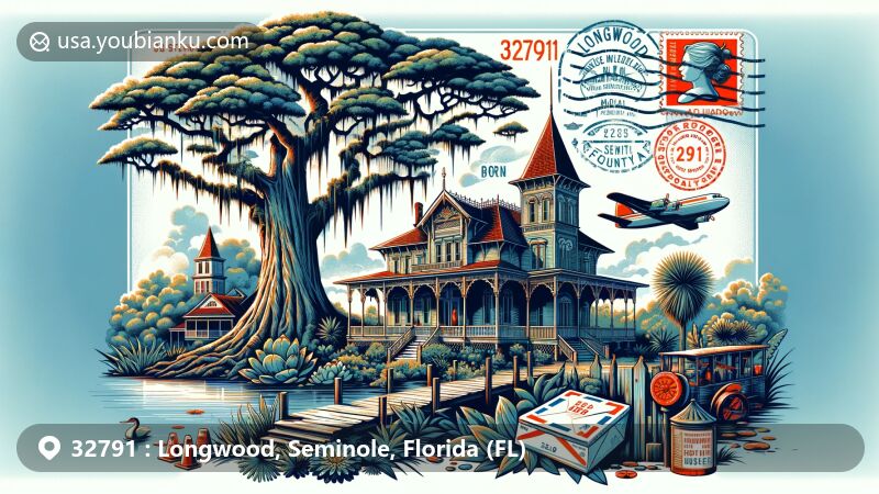 Modern illustration of ZIP Code 32791, Longwood, Seminole County, Florida, featuring the Bradlee-McIntyre House and The Senator bald cypress tree, blending historical landmarks and natural heritage. Includes postal elements like vintage air mail envelope, postage stamp with ZIP Code 32791, and postal markings.