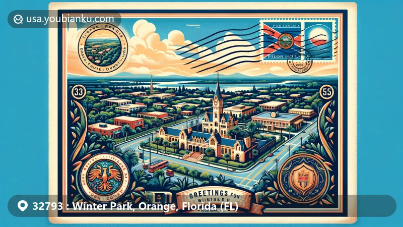 Modern illustration of Winter Park, Orange County, Florida, with postal theme for ZIP code 32793, showcasing lush landscapes, elegant homes, Cornell Fine Arts Museum, Winter Park Library, and Florida state flag.
