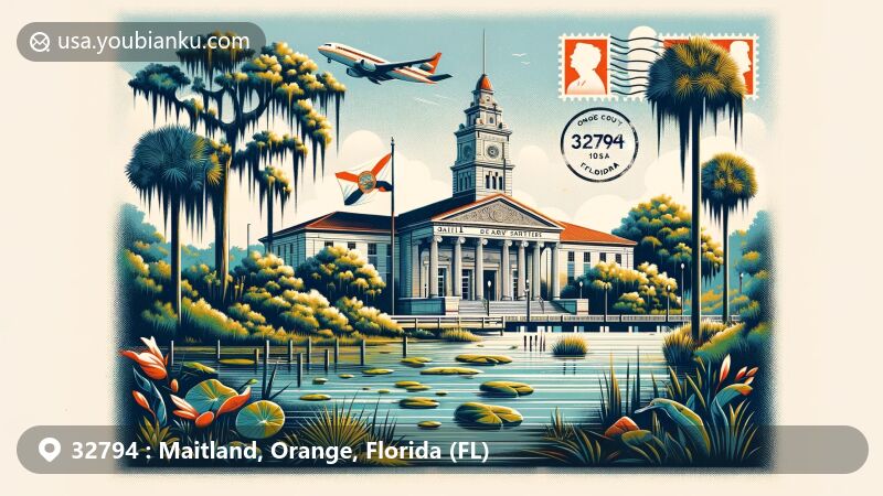 Modern illustration of Maitland, Orange County, Florida, featuring postal theme with ZIP code 32794, showcasing Maitland Art Center, waterways, and iconic flora.