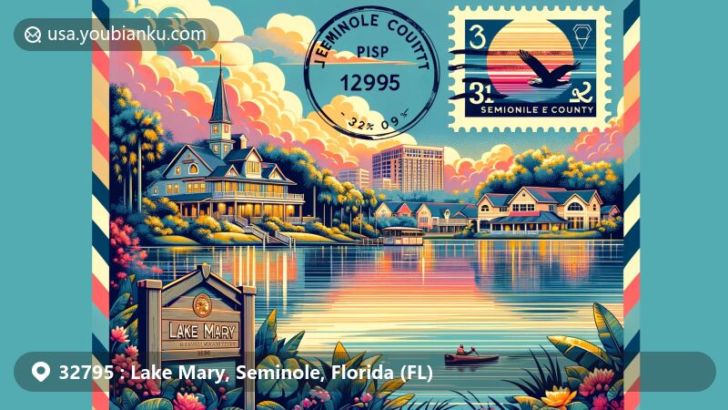 Modern illustration of Lake Mary, Seminole County, Florida, showcasing postal theme with ZIP code 32795, featuring natural beauty and iconic landmarks like the Lake Mary Museum, Timacuan Golf Club, and Wekiwa Springs State Park.