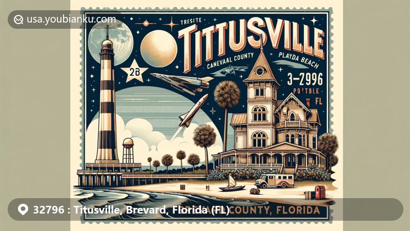 Modern illustration of Titusville, Brevard County, Florida with postal theme displaying ZIP code 32796, featuring Kennedy Space Center, Pritchard House, Playalinda Beach, vintage postcard elements.