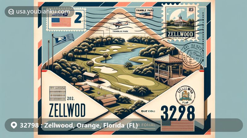 Modern illustration of Zellwood, Orange County, Florida, showcasing postal theme with ZIP code 32798, featuring Zellwood Station & Country Club golf course and Trimble Park postage stamp.