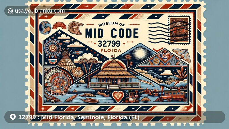 Modern illustration of Mid Florida, Seminole County, Florida, showcasing a vintage airmail theme with elements representing Seminole tribe culture, Museum of Seminole County History, and Florida state symbols.