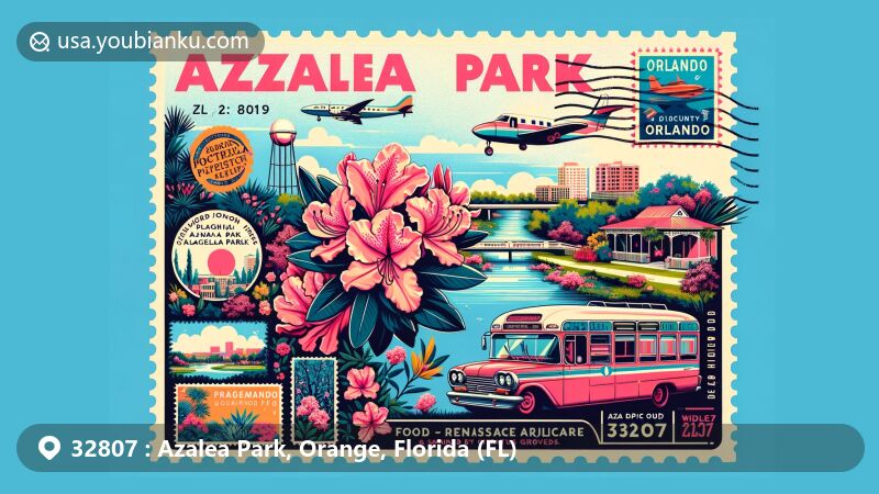 Modern illustration of Azalea Park, Orange County, Florida, featuring ZIP code 32807 and vibrant postal themes, showcasing the area's history, natural charm, and diverse culture.