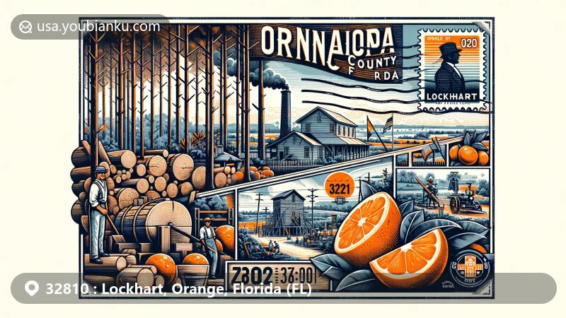 Modern illustration of Lockhart, Orange County, Florida, featuring postal theme with ZIP code 32810, showcasing historical importance in lumber and citrus cultivation.