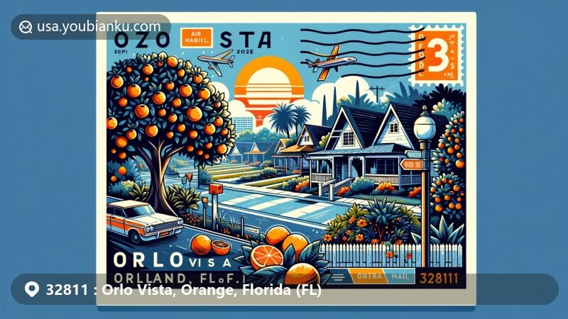 Modern illustration of Orlo Vista, Orlando, Florida, showcasing postal theme with ZIP code 32811, featuring orange groves and iconic symbols, reflecting lush landscapes and community pride.