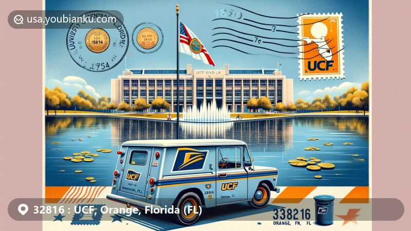 Modern illustration of UCF Reflecting Pond, featuring a creative postal postcard with ZIP code 32816 and UCF, Orange, FL text, classic American postal vehicle, Florida state flag, and Orange County Vietnam War Veterans monument.