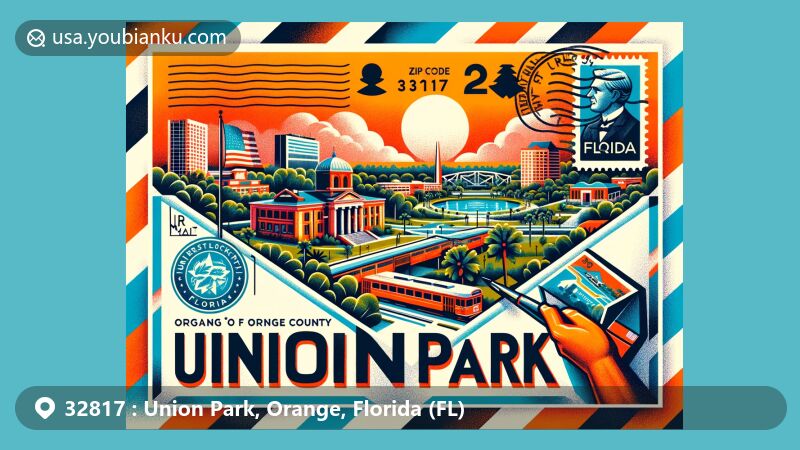Modern illustration of Union Park, Orange County, Florida, incorporating postal elements such as a vintage airmail envelope with ZIP code 32817, featuring Florida state flag, Orange County map, palm trees, and postcard of the area near Econlockhatchee River.