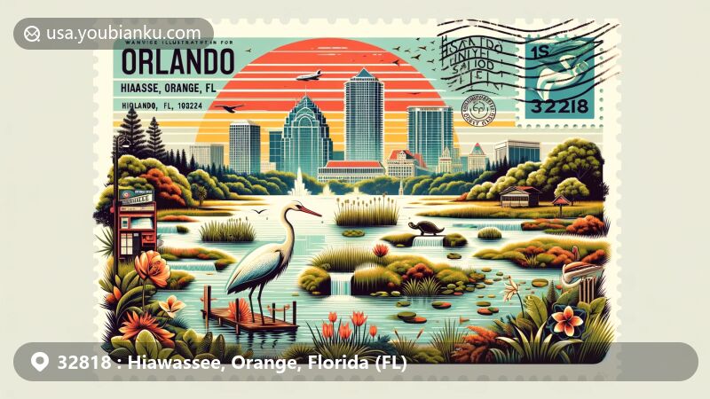 Modern illustration of Orlando 32818 area, blending city and nature elements in a creative postcard design, featuring skylines, wetlands, springs, Florida wildlife, vintage stamp, and 'Orlando, FL 32818' postmark.