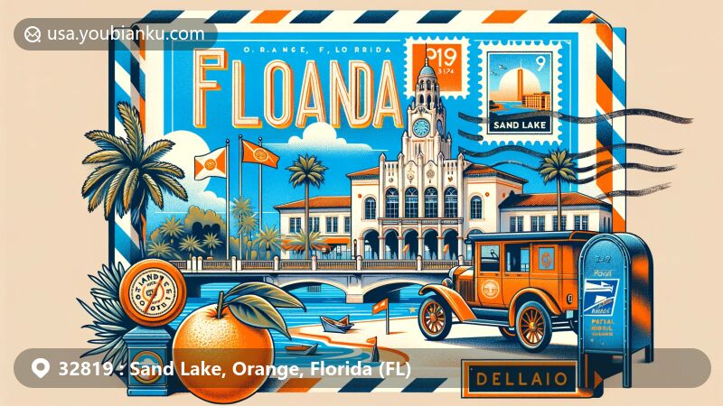 Modern illustration of Sand Lake, Orange, Florida, blending postal themes with iconic landmarks like the Dellagio on Restaurant Row, featuring Florida symbols like palm trees, state flag, and oranges, enclosed in a vintage air mail envelope.