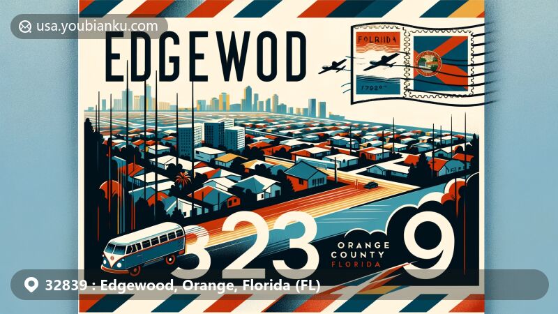 Modern illustration of Edgewood, Orange County, Florida, with postal theme showcasing ZIP code 32839, featuring local landmarks and community diversity.