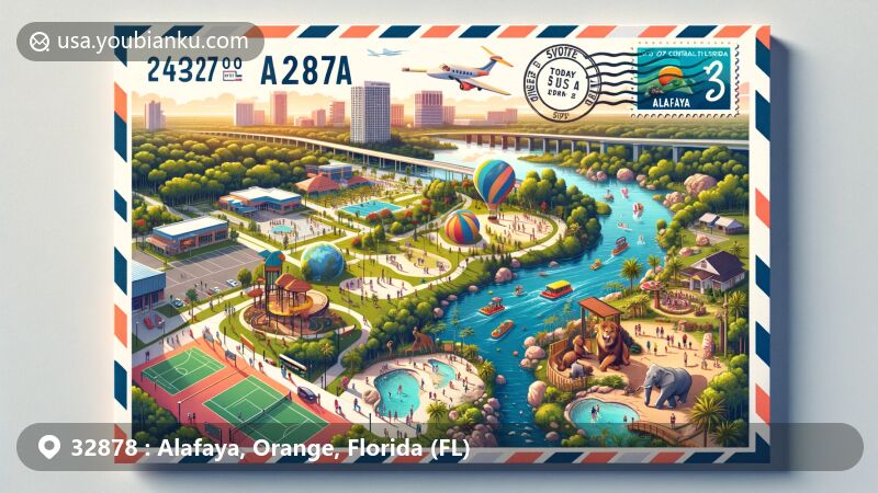 Modern illustration of Alafaya, Florida, highlighting key landmarks and activities in the area such as Blanchard Park with sports facilities and a lake, Congo River Golf with a tropical mini-golf course, and Exotic Animal Experience in a cage-free setting.