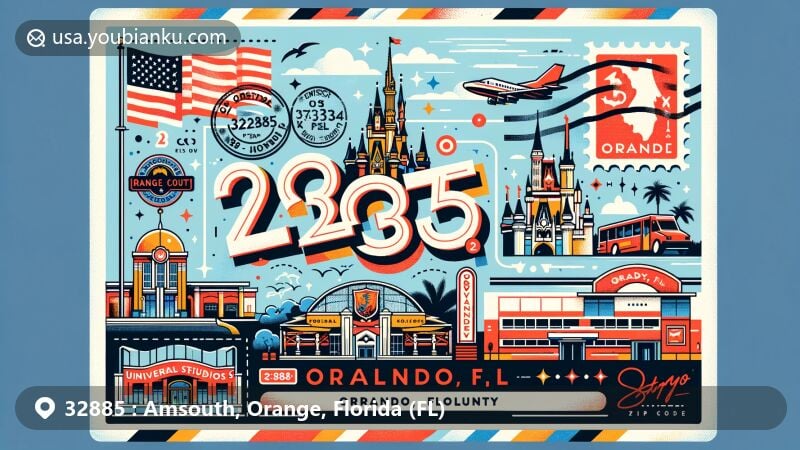 Modern illustration of Orlando, Florida postcard scene with ZIP code 32885, featuring Disney Castle and Universal Studios sign.