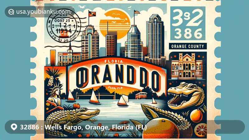 Modern illustration of Orlando, Orange County, Florida, featuring ZIP code 32886, showcasing the city skyline with iconic buildings and attractions, Florida state symbols, and subtle integration of Orange County outline.