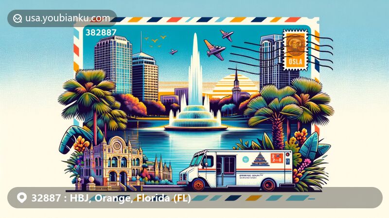 Modern illustration of Orlando, Orange County, Florida, featuring Lake Eola Park and ZIP code 32887, highlighting Maitland Art Center and postal theme.