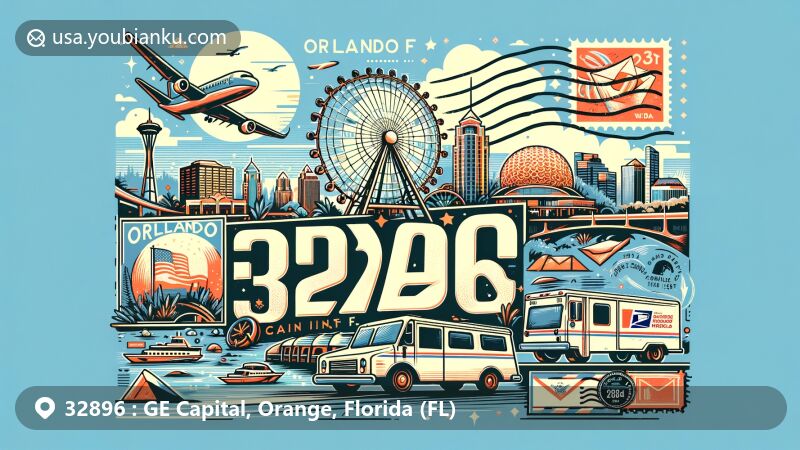 Modern illustration of ZIP code 32896 in Orlando, Orange County, Florida, showcasing iconic landmarks like Disney World and Universal Studios in a vintage postcard style with postal elements.