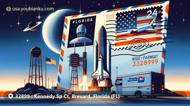 Modern illustration of Kennedy Space Center, Florida, highlighting airmail envelope with ZIP code 32899, featuring iconic launch pad, space shuttle, and stars symbolizing space exploration.