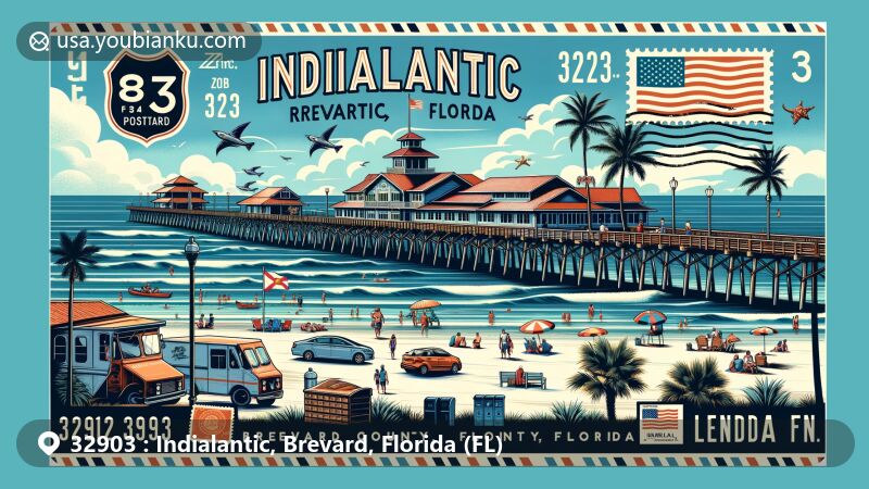 Postcard-style illustration of Indialantic, Brevard County, Florida, featuring the Boardwalk, Fishing Pier, state flag, '32903' ZIP code, postal elements, palm trees, beach activities, and ocean views.