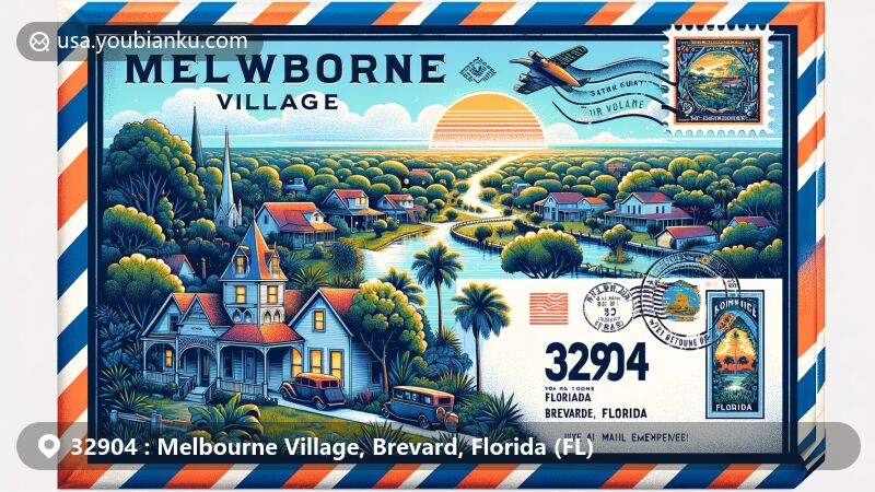 Modern illustration of Melbourne Village, Brevard County, Florida, featuring a vibrant airmail envelope design showcasing the small-town charm and rural feel, with elements of Florida state flag and a stylized representation of postal elements.