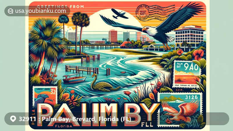 Modern illustration of Palm Bay, Florida, highlighting postal theme with ZIP code 32911, featuring Turkey Creek, sabal palm trees, and Indian River estuary.