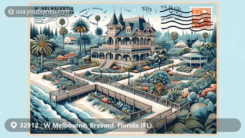 Modern illustration of W Melbourne, Florida, featuring Rossetter House Museum and Gardens, James H. Nance Park, and Erna Nixon Park, with postal theme and ZIP code 32912.