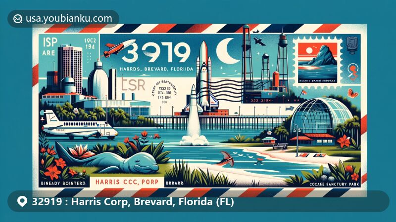 Modern illustration of Brevard County, Florida, in the 32919 ZIP code area featuring Harris Corp, with a creative postal design and iconic landmarks like Kennedy Space Center and Cocoa Beach Pier.