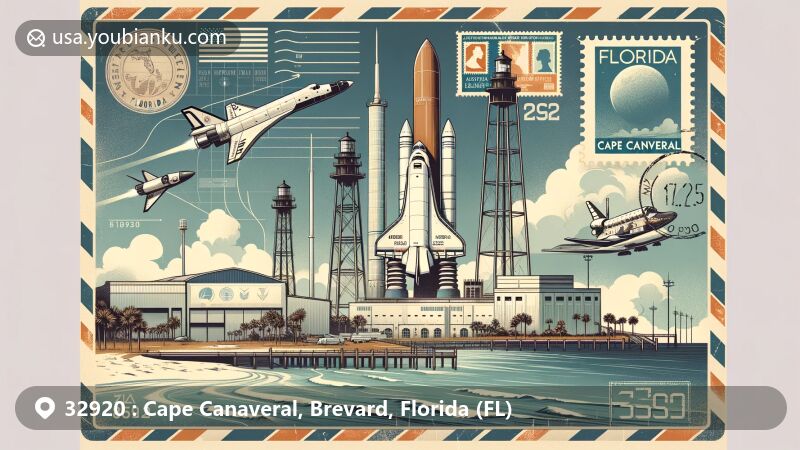 Modern illustration of Cape Canaveral, Florida, highlighting space exploration theme with Kennedy Space Center, Space Shuttle, and Cape Canaveral Lighthouse, integrating Florida's coastline, ocean, and state flag, featuring postal elements like airmail envelope, vintage stamps, and ZIP code 32920.
