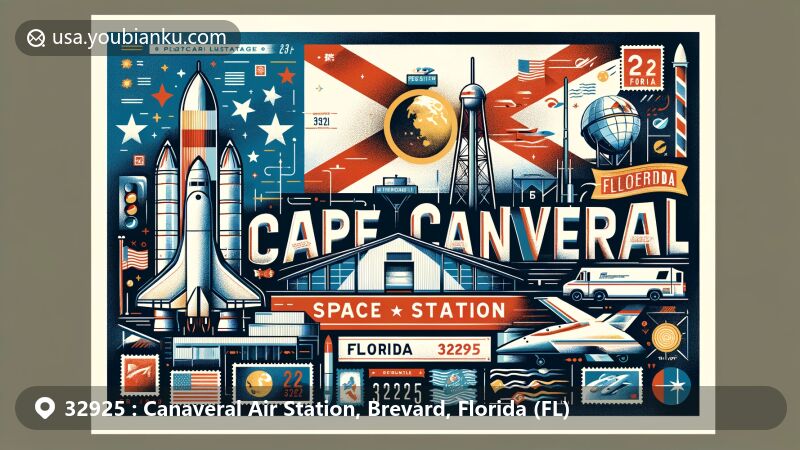 Modern illustration of Cape Canaveral Space Force Station in Brevard County, Florida, with postal theme featuring ZIP code 32925, Florida state flag, postcard motif, stamps, and postmarks.