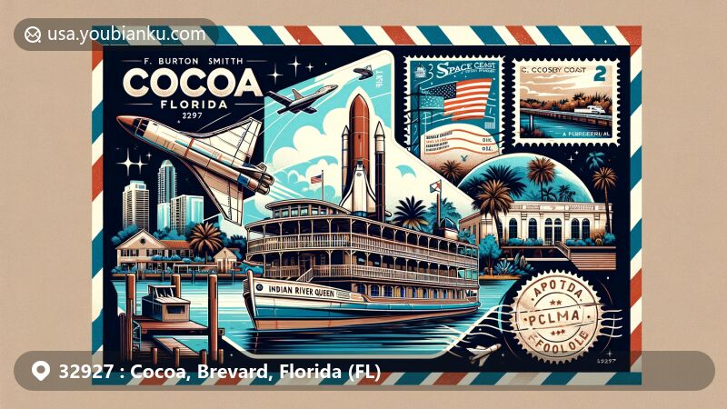 Modern illustration of Cocoa, Florida's 32927 ZIP code area, featuring Indian River Queen paddlewheel cruise boat, Kennedy Space Center, F. Burton Smith Regional Park, and airmail envelope design.