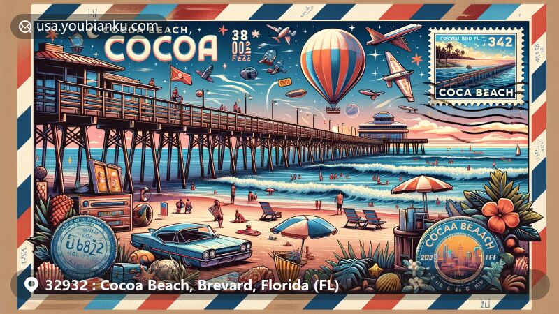 Modern illustration of Cocoa Beach, Florida, capturing the essence of beach life and water activities, featuring iconic Cocoa Beach Pier, surfboards, and space-themed elements, enclosed in an airmail envelope with '32932' ZIP code and vintage stamps.