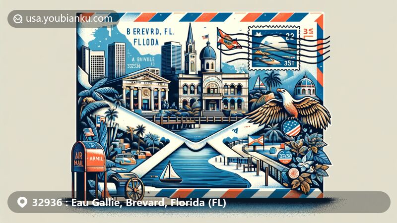 Modern illustration of Eau Gallie, Brevard, Florida, showcasing postal theme with ZIP code 32936, featuring the Eau Gallie Arts District (EGAD) landmarks and the Indian River Lagoon.