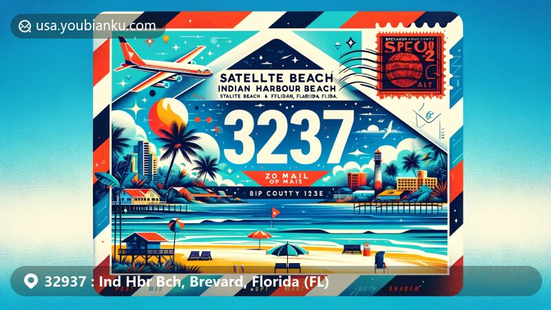 Modern illustration of Satellite Beach and Indian Harbour Beach area in Florida, featuring postal theme with ZIP code 32937, showcasing air mail envelope and local landmarks like beaches, clear Atlantic waters, and palm trees.