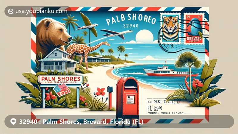 Modern illustration of Palm Shores, FL, showcasing postal theme with ZIP code 32940, featuring Brevard Zoo and picturesque local beach in Brevard County's vibrant scene.