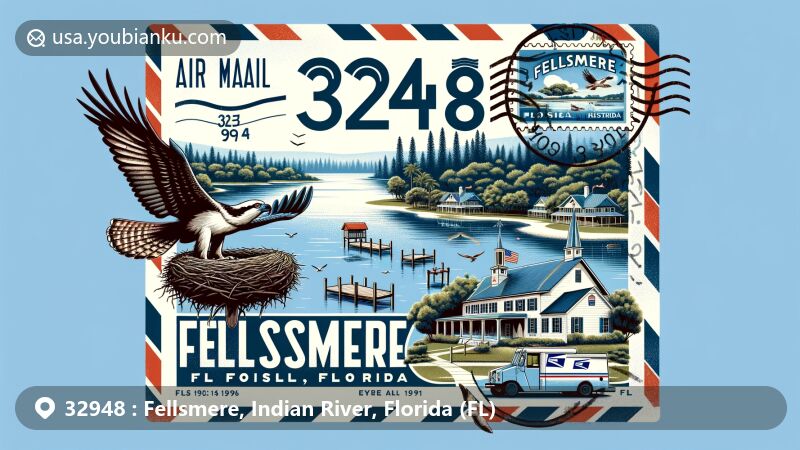 Modern illustration of Fellsmere, Florida, showcasing airmail envelope theme with ZIP code 32948, featuring Blue Cypress Lake and osprey's nest, along with iconic American mailbox and postal truck.