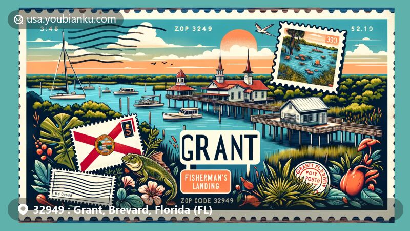 Modern illustration of Grant, Brevard County, Florida, showcasing postal theme with ZIP code 32949, featuring Fisherman's Landing riverside park, Grant Historical House, and diverse habitats of Grant Flatwoods Sanctuary.