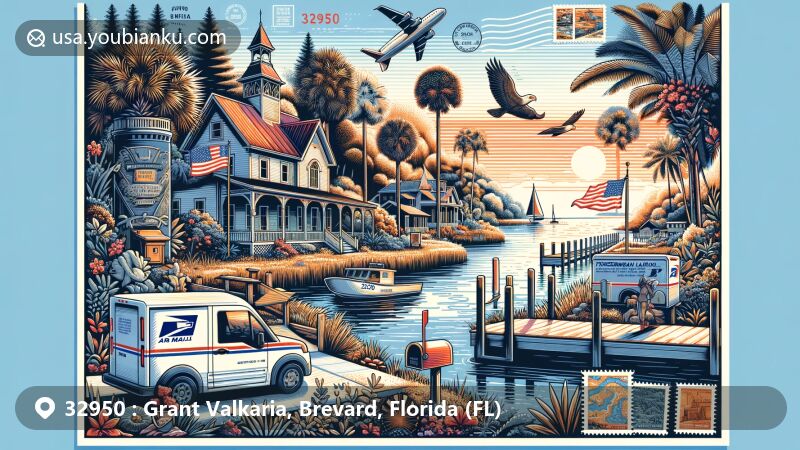Modern illustration of Grant Valkaria, Brevard County, Florida, postal theme with ZIP code 32950, highlighting Grant Historical House, Fisherman's Landing Park, and Indian River Lagoon.