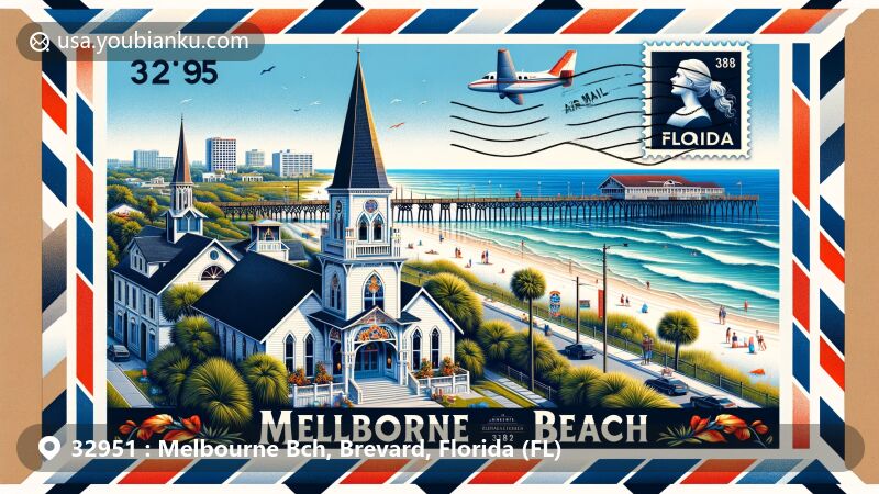 Modern illustration of Melbourne Bch, Brevard County, Florida, showcasing postal theme with ZIP code 32951, featuring Melbourne Beach Chapel, historic Pier, Ryckman House, and vintage mailbox.