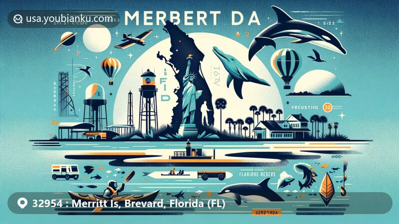 Modern illustration of Merritt Island, Brevard County, Florida, depicting postal theme with ZIP code 32954, showcasing NASA Kennedy Space Center, Merritt Island National Wildlife Refuge fauna, and water sports activities.