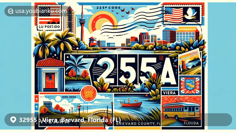 Modern illustration of Viera, Brevard County, Florida, highlighting ZIP code 32955, featuring local landscape, community parks, river views, unique architectural elements, postcard layout, envelope shape, Florida state flag stamps, and '32955 Viera, FL' postal mark.