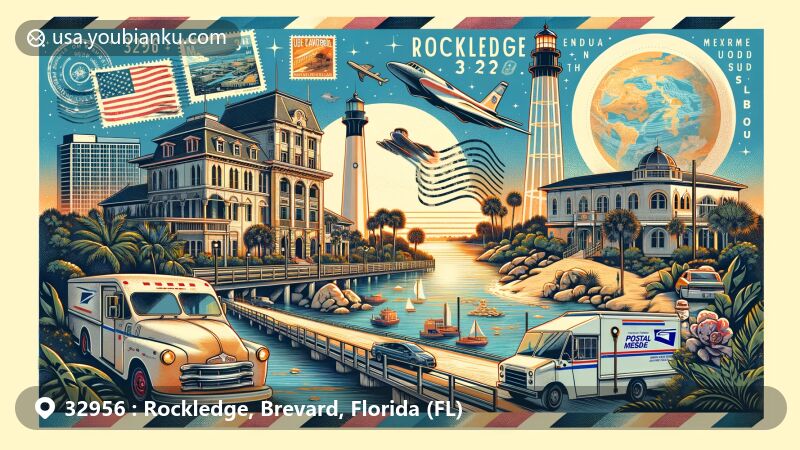 Modern illustration of Rockledge, Brevard County, Florida, featuring postal theme with ZIP code 32956, showcasing Indian River, historic hotels, Cape Canaveral Lighthouse, U.S. Highway 1, and subtropical climate symbols.