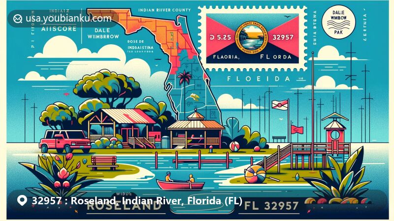 Modern illustration of Dale Wimbrow Park in Roseland, Florida, featuring postcard elements and highlighting the community's connection to the Sebastian River and Indian River Lagoon.
