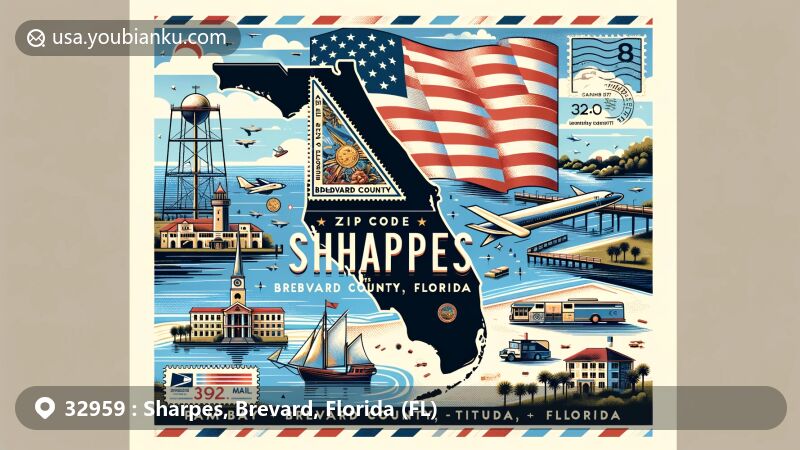 Modern illustration of Sharpes, Brevard County, Florida, showcasing postal theme with ZIP code 32959, featuring Florida state flag and landmarks of the Palm Bay–Melbourne–Titusville area.