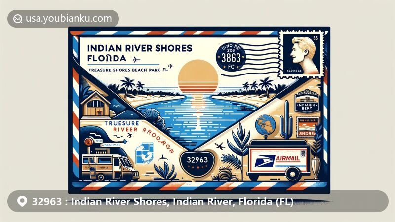 Modern illustration of Indian River Shores, Indian River County, Florida, showcasing airmail envelope design with ZIP code 32963, featuring stamps, postmark, and mail transportation symbols.