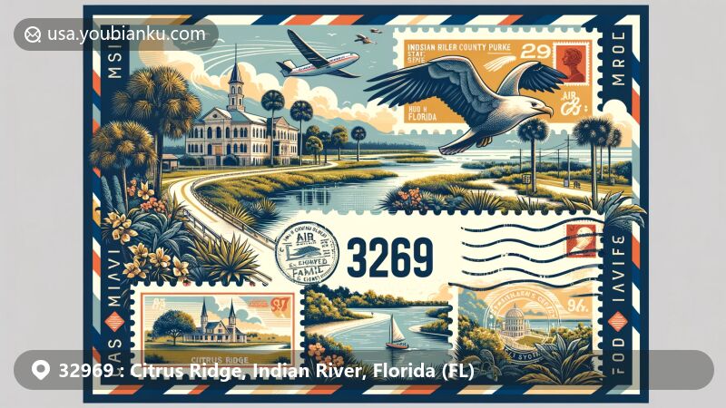 Modern illustration of Citrus Ridge, Indian River County, Florida, blending geographical features with postal elements, displaying ZIP code 32969, featuring McKee Botanical Garden, Old Indian River County Courthouse, and Sebastian Inlet State Park stamps.
