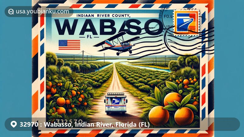 Creative illustration of Wabasso, Indian River County, Florida, featuring airmail envelope with Jungle Trail, citrus groves, Indian River County silhouette, and Florida flag.