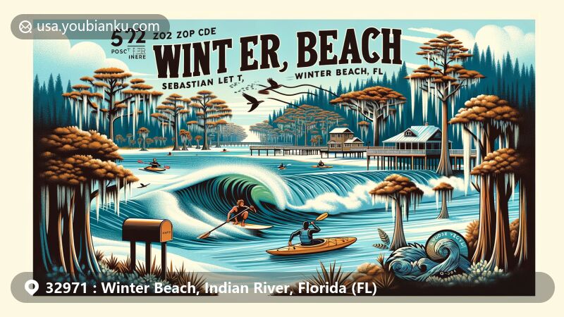 Modern illustration of Winter Beach, Indian River County, Florida, featuring surfing at Sebastian Inlet State Park, kayaking at Blue Cypress Lake, and a creative postcard with a fictional stamp and postmark.